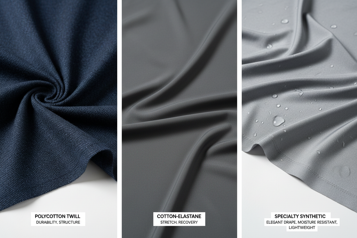 add this as well Specialty Synthetic Blends	Polyester + Rayon/Viscose or Nylon	Excellent drape with high durability and moisture resistance.	Lightweight Linings, Technical Outerwear, Performance Shirts.
