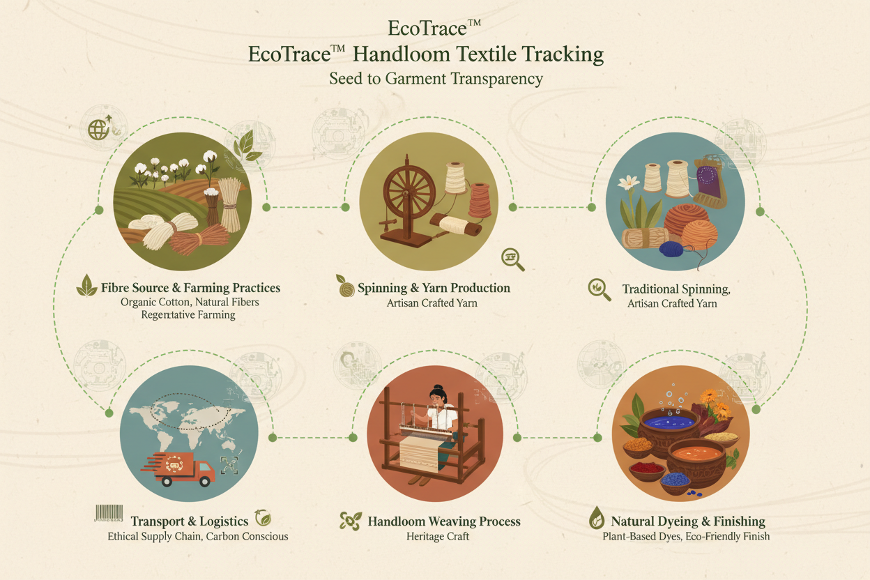 How EcoTrace™ Works
EcoTrace™ tracks key stages of your handloom textile’s life:
Fibre Source & Farming Practices - Spinning & Yarn Production - Handloom Weaving Process - Natural Dyeing & Finishing - Transport & Logistics.