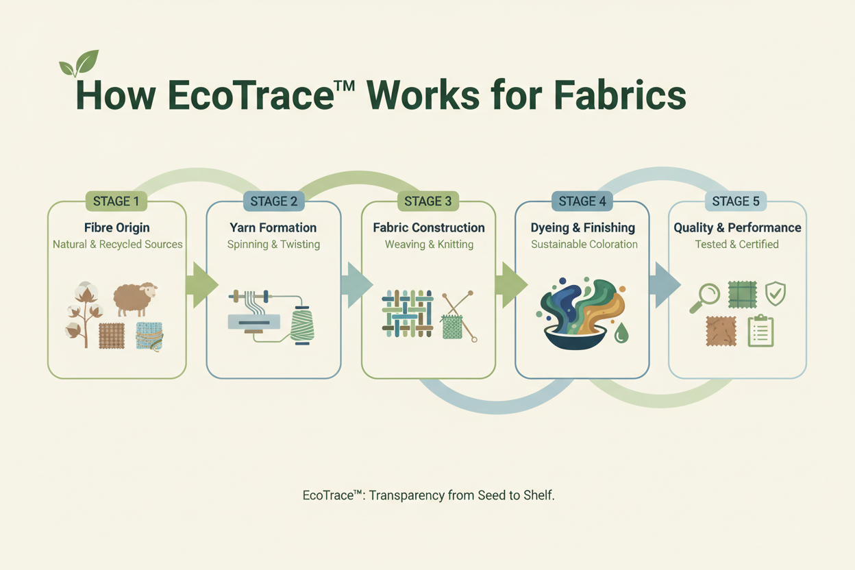 How EcoTrace™ Works for Fabrics
EcoTrace™ documents the key stages of fabric production:
1. Fibre Origin - 2. Yarn Formation - 3. Fabric Construction - 4. Dyeing & Finishing - 5. Quality & Performance