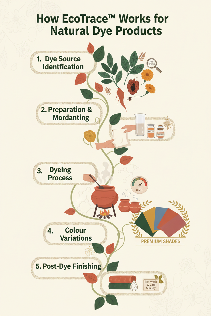 How EcoTrace™ Works for Natural Dye Products
1. Dye Source Identification
2. Preparation & Mordanting
3. Dyeing Process
Hand-dyeing or small-batch methods, temperature control, and time-intensive techniques.
4. Colour Variations
Explanation of natural shade variation as a feature of authentic dyeing — not a flaw.
5. Post-Dye Finishing
