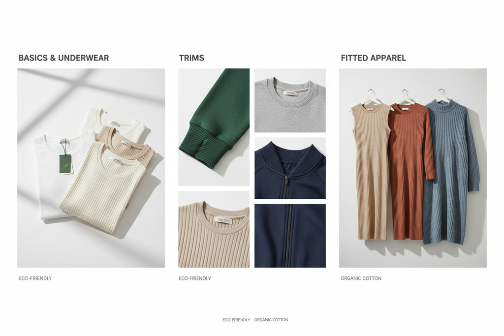 Ideal Applications&nbsp;
Basics &amp; Underwear: T-shirts, tank tops, and sustainable base layers.

Trims: Cuffs, collars, neckbands, and waistbands on sweatshirts and jackets.

Fitted Apparel: Ribbed dresses, long-sleeve tops, and knitwear that requires a close, comfortable fit.