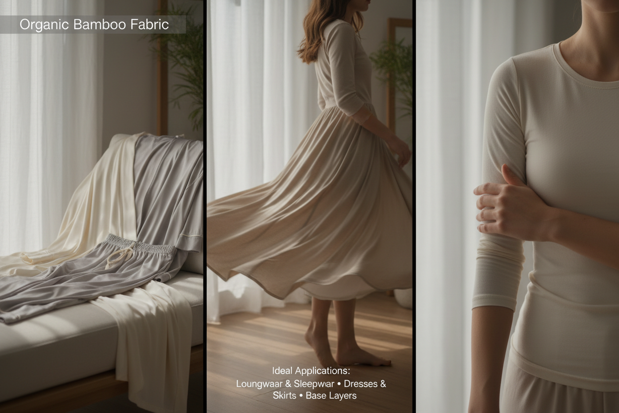 org bamboo fabric Ideal Applications video
Loungewear &amp; Sleepwear: Luxurious pyjamas, robes, and comfortable home apparel.

Dresses &amp; Skirts: Flowing knit dresses and skirts where beautiful movement is key.

Base Layers: Extremely soft inner layers for sensitive skin.