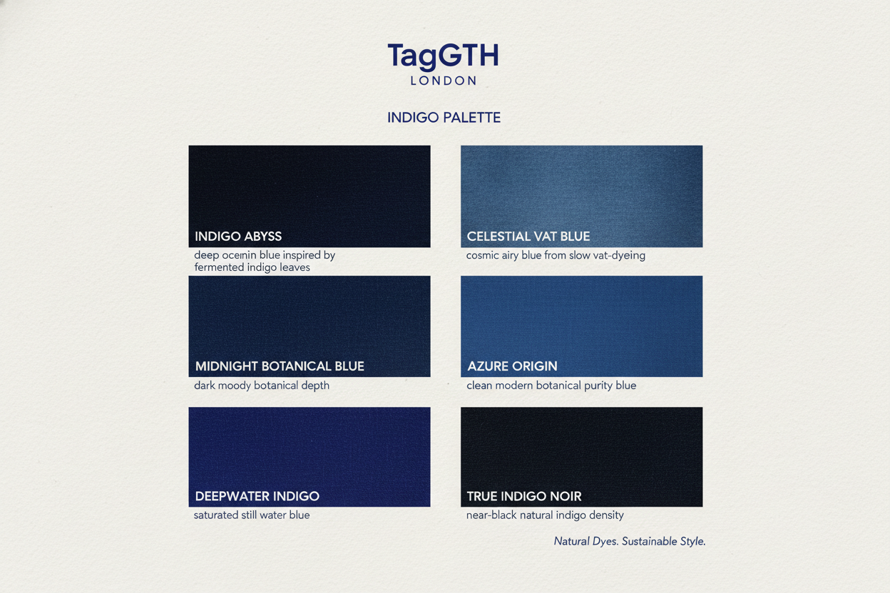 Original Shade Name	Core Inspiration
Indigo Abyss	Fermented Indigo Leaves (Deep, Oceanic)
Midnight Botanical Blue	Botanical Depth (Dark, Moody)
Deepwater Indigo	Still Waters (Saturated)
Celestial Vat Blue	Slow Vat-Dyeing (Cosmic, Airy)
Azure Origin	Botanical Purity (Clean, Modern)
True Indigo Noir	Natural Indigo Density (Near-Black) make shade card for taggth website