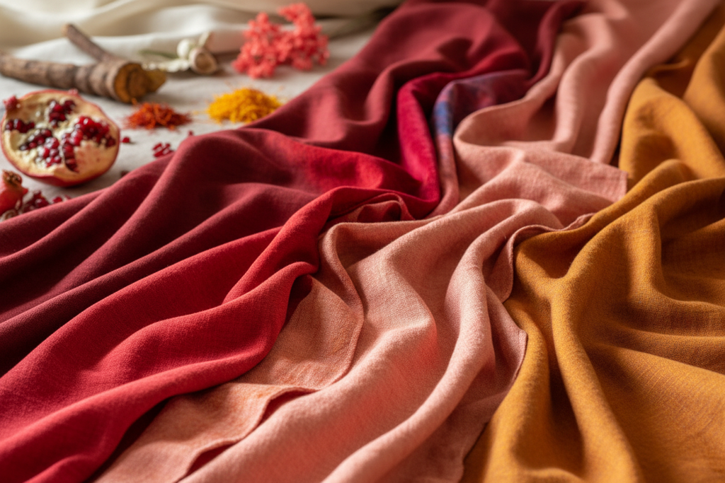 Original Shade Name	Core Inspiration
Madder Ember Rouge	Madder Roots (Fiery Red)
Botanical Flame	Natural Pigments (Vibrant Crimson)
Coralstone Bloom	Coral, Rose (Modern, Pink/Earth)
Red Alchemy	Traditional Craftsmanship (Bold)
Heritage Rouge	Historical Dye Traditions (Refined)
Saffron Rose	Saffron (Warm, Rosy, Golden)
sustainable dyes on fabric