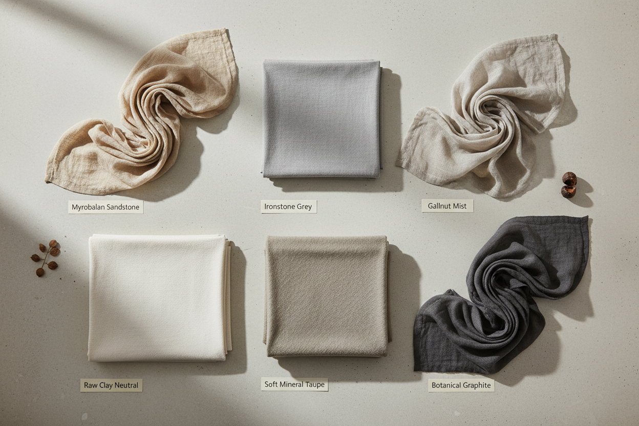 Original Shade Name	Core Inspiration
Myrobalan Sandstone	Myrobalan (Pale, Herbal Tonality)
Ironstone Grey	Iron Modifiers (Cool Neutral)
Gallnut Mist	Gallnut (Delicate Beige-Grey)
Soft Mineral Taupe	Mineral, Clay (Balanced Softness)
Raw Clay Neutral	Clay-Based (Clean, Minimalist)
Botanical Graphite	Natural Tannins + Iron (Charcoal Tone) sustainable dye fabric