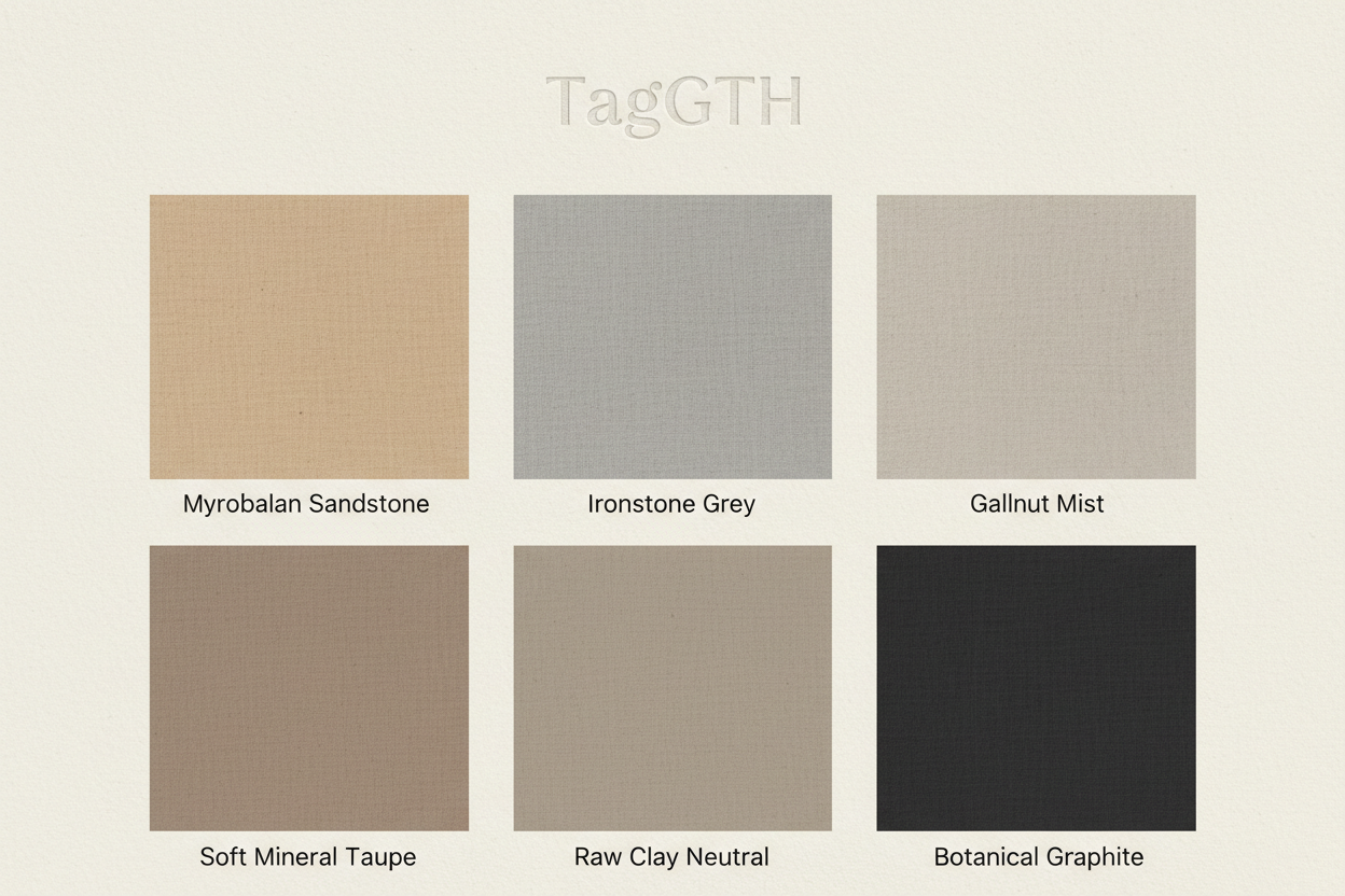 Original Shade Name	Core Inspiration
Myrobalan Sandstone	Myrobalan (Pale, Herbal Tonality)
Ironstone Grey	Iron Modifiers (Cool Neutral)
Gallnut Mist	Gallnut (Delicate Beige-Grey)
Soft Mineral Taupe	Mineral, Clay (Balanced Softness)
Raw Clay Neutral	Clay-Based (Clean, Minimalist)
Botanical Graphite	Natural Tannins + Iron (Charcoal Tone)
make shade card for taggth website