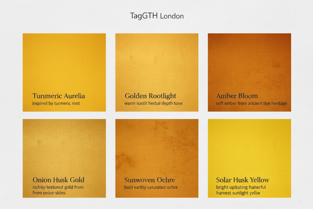 Original Shade Name	Core Inspiration
Turmeric Aurelia	Turmeric Root (Golden Yellow, Luminous)
Golden Rootlight	Herbal Depth (Warm, Sunlit)
Amber Bloom	Ancient Dye Heritage (Soft Amber)
Onion Husk Gold	Onion Skins (Richly Textured)
Sunwoven Ochre	Earthy Saturation (Bold)
Solar Husk Yellow	Harvest Sunlight (Bright, Uplifting) make shade card for taggth website