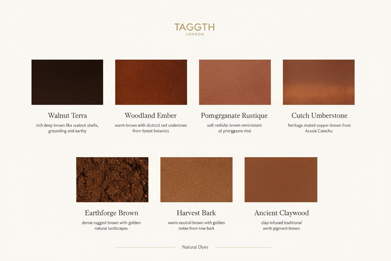 Original Shade Name		Core Inspiration
Walnut Terra		Walnut Shells (Deep, Grounding)
Woodland Ember		Forest Botanics (Warm, Red Undertone)
Pomegranate Rustique		Pomegranate Rind (Soft, Reddish-Brown)
Cutch Umberstone		Acacia Catechu (Heritage, Muted Copper)
Earthforge Brown		Natural Landscapes (Dense, Rugged)
Harvest Bark		Tree Bark (Warm Neutral, Golden)
Ancient Claywood		Traditional Earth Pigments (Clay-Infused)make shade card for taggth website