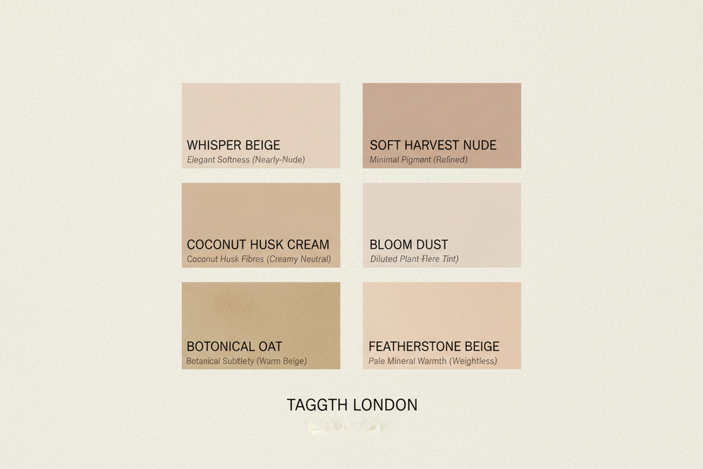 Original Shade Name Core Inspiration Whisper Beige Elegant Softness (Nearly-Nude) Coconut Husk Cream Coconut Husk Fibres (Creamy Neutral) Botanical Oat Botanical Subtlety (Warm Beige) Soft Harvest Nude Minimal Pigment (Refined) Bloom Dust Diluted Plant Baths (Barely-There Tint) Featherstone Beige Pale Mineral Warmth (Weightless) make shade card for taggth website