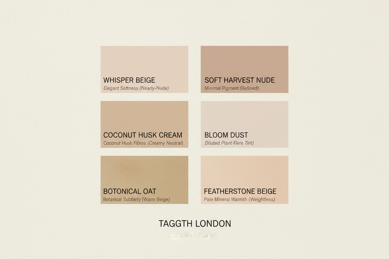 Original Shade Name Core Inspiration Whisper Beige Elegant Softness (Nearly-Nude) Coconut Husk Cream Coconut Husk Fibres (Creamy Neutral) Botanical Oat Botanical Subtlety (Warm Beige) Soft Harvest Nude Minimal Pigment (Refined) Bloom Dust Diluted Plant Baths (Barely-There Tint) Featherstone Beige Pale Mineral Warmth (Weightless) make shade card for taggth website