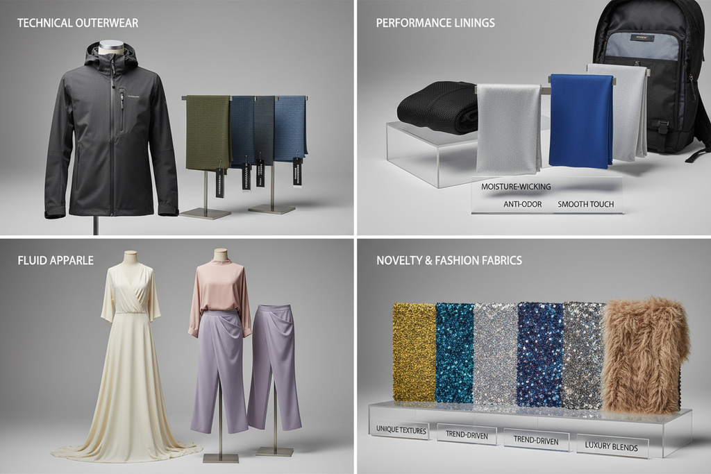 speciallty synthetic blend Ideal Applications

This category serves technical and fashion-forward needs:

Technical Outerwear: Windproof jackets, shell layers, and components requiring specific finishes.

Performance Linings: Smooth, durable linings for jackets and bags that manage moisture.

Fluid Apparel: Lightweight dresses, blouses, and trousers requiring a high-drape, synthetic finish (e.g., Polyester-Rayon blends).

Novelty &amp; Fashion: Fabrics with unique textural or visual qualities for trend-driv